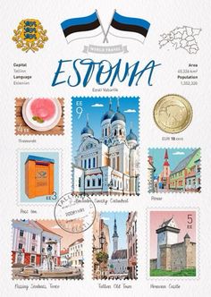 stamps with the names and symbols of different countries