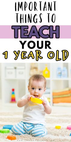 a baby sitting on the floor with toys in front of it and text overlay that reads