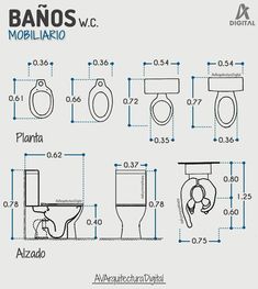 the diagram shows different types of toilets and bidets in various sizes, shapes, and colors