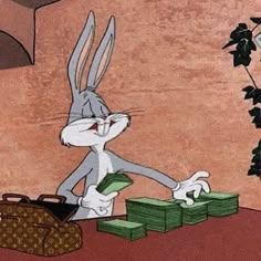 a cartoon rabbit sitting at a table with stacks of money in front of him and the words do you know how cute i would be if i had money?