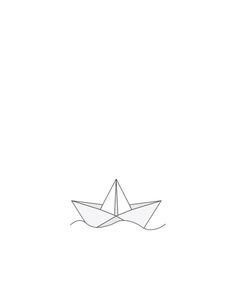 an origami boat floating on the water in front of a white background with black lines