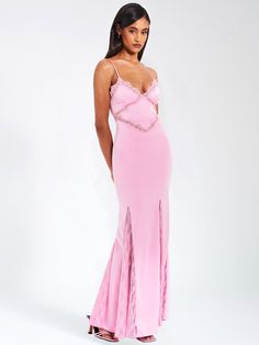 Turn heads when you walk in the room with our Xandria, a captivating light pink satin and lace maxi gown designed for elegance. The mermaid flare silhouette boasts stunning lace godets, an intricately placed lace trim along the neckline, underbust, and bodice to accentuate your natural curves. The back features a dipped "V" waist shape with lace-up details and a ribbon tie, complemented by an invisible zipper for easy closure. Made of soft and luxurious double duchess satin and lace, Xandria is Flare Maxi Dress, Duchess Satin, Maxi Gown, Maxi Dress Cocktail, Sparkly Dress, Natural Curves, Lace Maxi, Maxi Gowns, Ribbon Tie