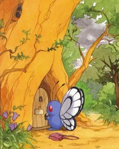 an image of a fairy tale scene with a blue bird in front of a tree