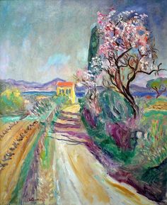 a painting of a country road with trees and flowers