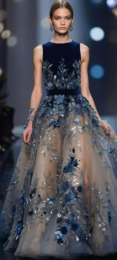 Haute Couture Gowns 2024, Opulence Gown, Zuhair Murad Haute Couture Embroidery, Blue Dress Couture, Dress With Necklace, Elegant Couture, Dreamy Gowns, Haute Couture Gowns, Dress Sketches