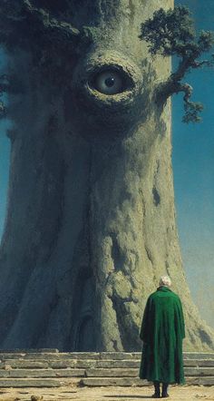 a man standing in front of a giant tree with an eye on it's face