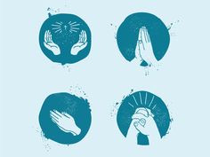 four hands with praying symbols in blue and green colors on a light blue background illustration