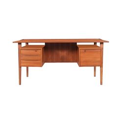 a wooden desk with two drawers on one side and an open drawer on the other