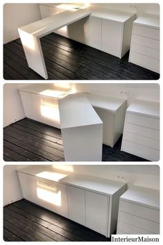 three different views of an office desk with drawers