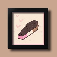 an ice cream bar in a black frame on a beige background with butterflies around it