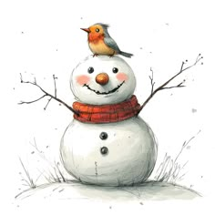 a drawing of a snowman with a bird on top