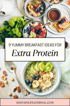 two photos of high protein breakfasts Protein Breakfast Not Eggs, High Protein Vegetarian Breakfast Meal Prep, 30g Protein Breakfast Vegan, Savory Vegan Breakfast High Protein, Easy Protein Rich Breakfast, Hearty Breakfast Recipes, High Protein Vegan Breakfast, Best Vegan Breakfast, Plant Based Recipes Breakfast