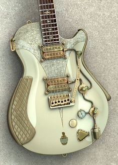 an electric guitar sitting on top of a cement floor