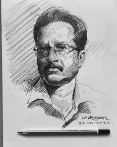 a pencil drawing of a man with glasses and a shirt on is next to a pen