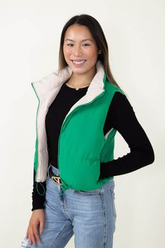 Look your best without sacrificing comfort in this Love Tree Cropped Reversible Puffer Vest for Women in Green/Beige. This reversible vest features a cropped fit for a modern look that's perfect for any occasion. The green and beige colors will make a great addition to your wardrobe. Enjoy the ultimate in fashionable warmth and comfort! Features: Love Tree Style: 5070VY-KELLY Color: Green and Beige 100% Polyester Women’s vest Reversible Center front zipper Puffer design Cropped fit Adjustable wa Vest For Women, Reversible Vest, Love Tree, Green Beige, Look Your Best, Puffer Vest, Beige Color, Front Zipper, Puffer