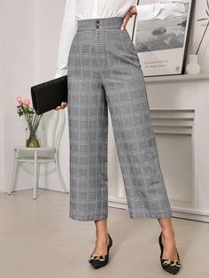 Multicolor Elegant Collar  Woven Fabric Plaid Wide Leg Embellished Non-Stretch  Women Clothing Plaid Trousers, Trousers For Women, Slim Fit Top, Elegant Casual, Flare Leg Pants, Teacher Outfits, Casual Stripes, Fashion Gallery, Shein Style