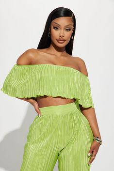 Available In Orange And Lime. Plisse Pant Set Off Shoulder Top Cropped Wide Leg High Waist Stretch Inseam = 32" 100% Polyester Imported | Have Mercy Plisse Pant Set in Lime size 2X by Fashion Nova Green Cropped Bottoms For Spring, Green Cropped Bottoms For Summer, Green Cropped Summer Bottoms, Festive Yellow Fitted Pant Set, Playful Yellow Fitted Sets, Green Wide Leg Two-piece Pants, Green Plisse Set, Blue Plisse Set, Have Mercy