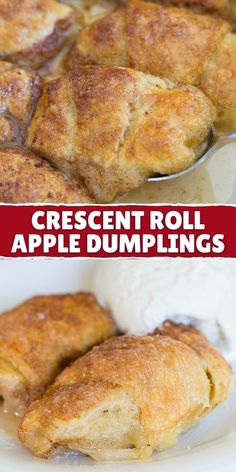 an image of baked apple dumplings on a plate with the words crescent roll in it