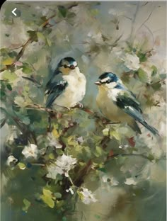 two birds sitting on top of a tree branch next to white and blue flowers,