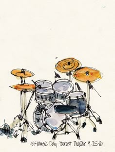 a watercolor and ink drawing of a drum set