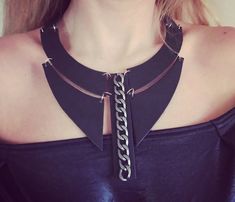 Geometric Necklace, Leather Necklace, Gift For Her, Large Necklace, Statement Necklace, Leather Bib Necklace, Chain Necklace, Women Gift Edgy Handmade Necklaces For Party, Edgy Leather Choker Jewelry, Gothic Leather Jewelry For Party, Edgy Leather Jewelry, Edgy Leather Jewelry Fashion Accessory, Edgy Leather Choker, Handmade Black Leather Necklace, Trendy Leather Jewelry For Festivals, Trendy Leather Festival Jewelry