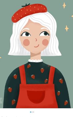 a woman with white hair wearing an apron and strawberries on her head