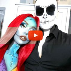 a woman with long red hair and skeleton makeup next to a man in black shirt