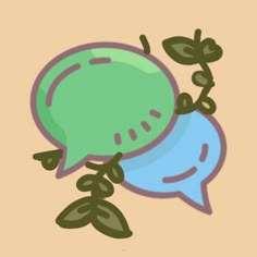 an illustration of two green speech bubbles with leaves on the bottom and one blue bubble above them