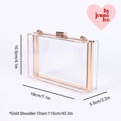 Clear acrylic rectangular clutch handbag perfect for any stadium or game day / football / college event where see-through bags are required. Size is large enough to fit the iPhone15Pro Max as well as small lipstick, keys, etc. - Can also be worn out as the perfect addition to your outfit for brunch, dinner, weddings and more! Gold strap can be used as shoulder or crossbody strap. - Material: Acrylic with Gold Finish / Hardware - Product size: 7.1 in x 4.1 in x 2.2 in - Gold Shoulder Strap Includ Outfit For Brunch, Acrylic Box Clutch, College Event, Football College, Game Day Football, Acrylic Clutch, Box Clutch, Sneaker Jewelry, Shoulder Chain