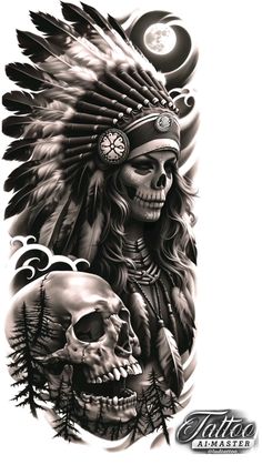 Native Chief Tattoo, Indian Skull Tattoo Design, Blackfoot Indian Tattoo, Indian Women Tattoo, Calf Tattoo Ideas, Skull Artwork Illustrations