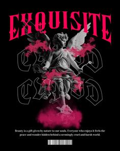 Explore the "Exquisite Cupid" t-shirt design, featuring a striking blend of gothic typography and a beautifully detailed angelic statue enveloped in vibrant pink smoke. This editable template offers a perfect canvas for creating unique and visually stunning apparel that celebrates the hidden beauty in a harsh world. Customize this design to add a touch of elegance and intrigue to your wardrobe. __ #kittl #kittldesign #kittlai #tshirtdesign #apparel #streetwear #illustration #graphicdesign #designtool #vectordesign #designinspiration Gothic Typography Design, Elegant Tshirt Designs, Angelic Statue, Streetwear Design Graphics, World Graphic Design, Angel Tshirt, Gothic Typography, Streetwear Illustration, Unique Tshirt Designs