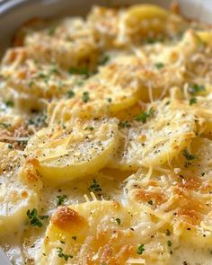 a casserole dish with potatoes and parmesan cheese on top, ready to be eaten