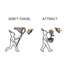 two stickers with different types of people holding flowers and plants, one saying don't chase, attract