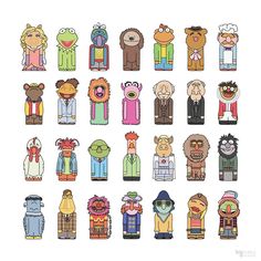 an art print with many different types of characters in pixellated style on white paper