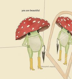 a frog is looking at himself in the mirror with a hat on his head and holding an umbrella