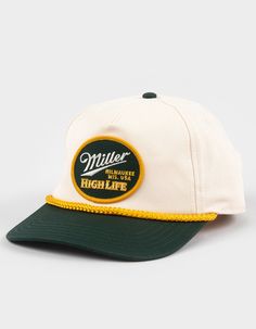 American Needle Miller High Life Snapback Hat. Embroidered Patch On Front. Braided Brim Rope Detail. Slightly Curved Bill. Adjustable Snapback Closure. 100% Cotton. Imported. Beige Summer Hats With Embroidered Logo, Adjustable Cream Hat With Embroidered Logo, Cream Casual Hat With Flat Bill, Casual Cream Flat Bill Hat, Summer Dad Hat With Embroidered Logo And Flat Brim, Beige Flat Brim Hat With Embroidered Logo, Vintage Curved Bill Snapback Hat For Spring, Cream Curved Brim Snapback Hat For Summer, Spring Snapback Hat With Embroidered Logo And Flat Bill