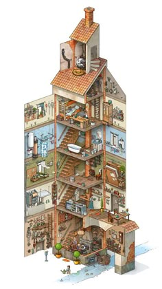 a very detailed drawing of a house with all the rooms and floors cut into it