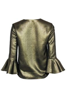 Go for gold with this dazzling blouse from BCBG Max Azria! Made with a super shiny metallic design and posh bell sleeves, this textured beauty is perfect for bringing a little razzle dazzle to your next holiday soiree. Pair with a flared skirt and sparkly tights and you'll be sipping eggnog and mingling under the mistletoe in no time! Size XS Shell: 47% Polyester, 38% Cotton, 15% Metallic Lining: 100% Polyester Notch neckline Cropped bell sleeves Textured design Bust 37" Waist 40" Sleeve length Formal Gold Padded Blouse, Glamorous Festive Blouse For Fall, Chic Sheen Tops For Fall, Elegant Long Sleeve Tops With Sheen, Glamorous Padded Blouse For Fall, Chic Shiny Tops For Party Season, Glamorous Padded Blouse For Evening, Glamorous Padded Blouse Tops For Fall, Chic Metallic Tops For Party Season