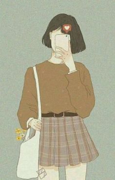 a drawing of a woman holding a cell phone to her face and wearing a skirt