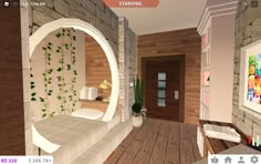 a virtual view of a bedroom with wood flooring and stone walls, as well as a bed