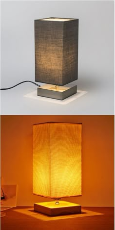 a lamp that is on top of a table next to a box with a light inside it