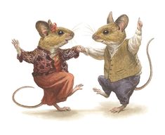 two mice dressed up in fancy clothes, one holding his hand out to the other