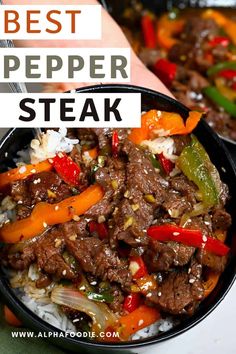 the best pepper steak is served in a black bowl with rice and peppers on top