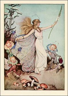 an illustration of a woman with long hair holding a wand in one hand and two children on the other