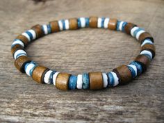 Mens surfer bracelet, wood and shell, upcycled beads, natural materials, eco… Mens Bracelet Fashion, Homemade Bracelets, Eco Jewelry, Surfer Bracelets, Natural Jewelry, Jewelry Beads