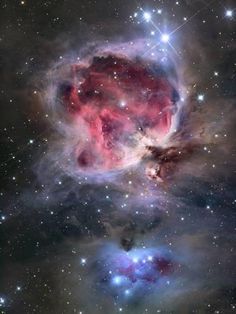 two stars in the center of a large star cluster, surrounded by blue and red clouds