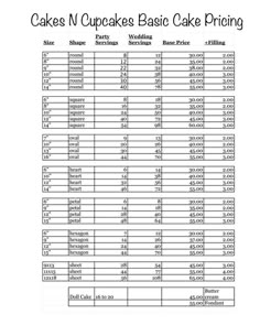 cake pricing sheet for cakes and cupcakes basic cake pricing list, printable