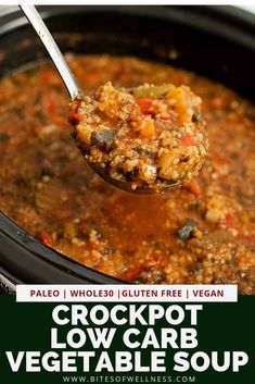 a spoon full of crockpot low carb vegetable soup with text overlay