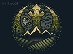 a star wars logo with mountains and trees in the background, as well as an image of