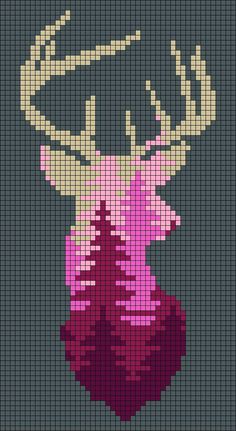 a cross stitch pattern with a deer's head in pink and yellow on a black background